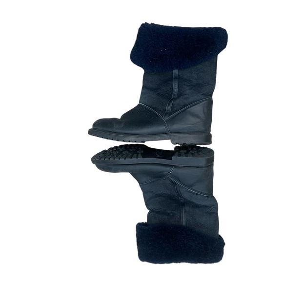 La Canadienne black leather and suede mid calf boot navy shearling lining winter - Picture 5 of 9